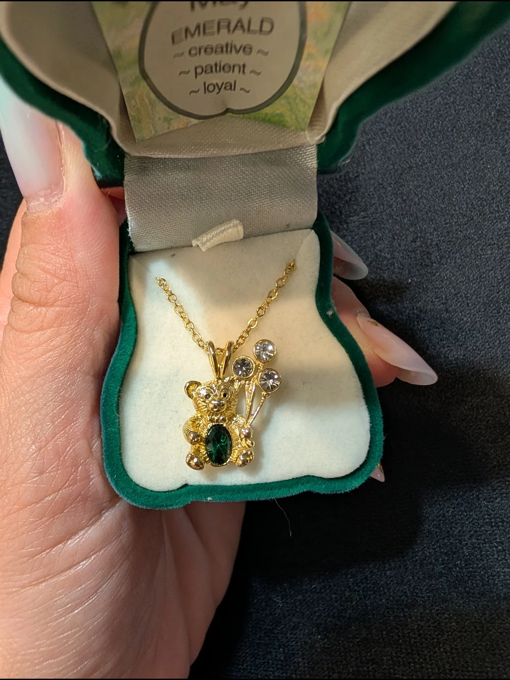 Gold-Tone Teddy Bear Pendant Necklace with Emerald Accent